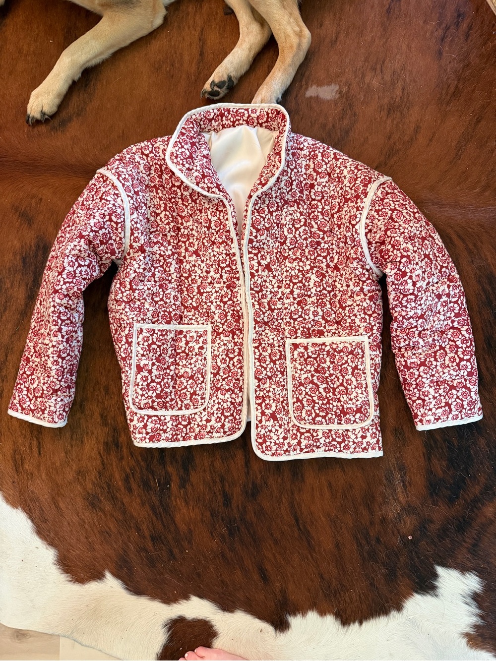 Floral faux Quilted Red Jacket with White Trim